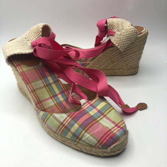 J.Crew Women's Pink Plaid Canvas Lace Up Wedges Size 9 - Picture 5 of 9